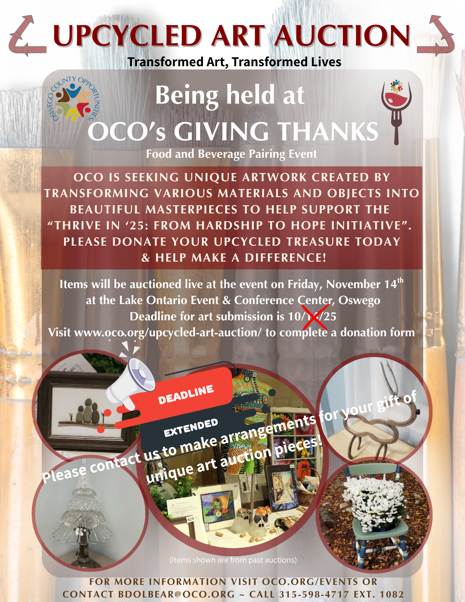 Art Auction flyer - deadline extended Colorful flyer for OCO's 2025 Giving Thanks Upcycled Art Auction, featuring event details and a vibrant, mixed-media art background.